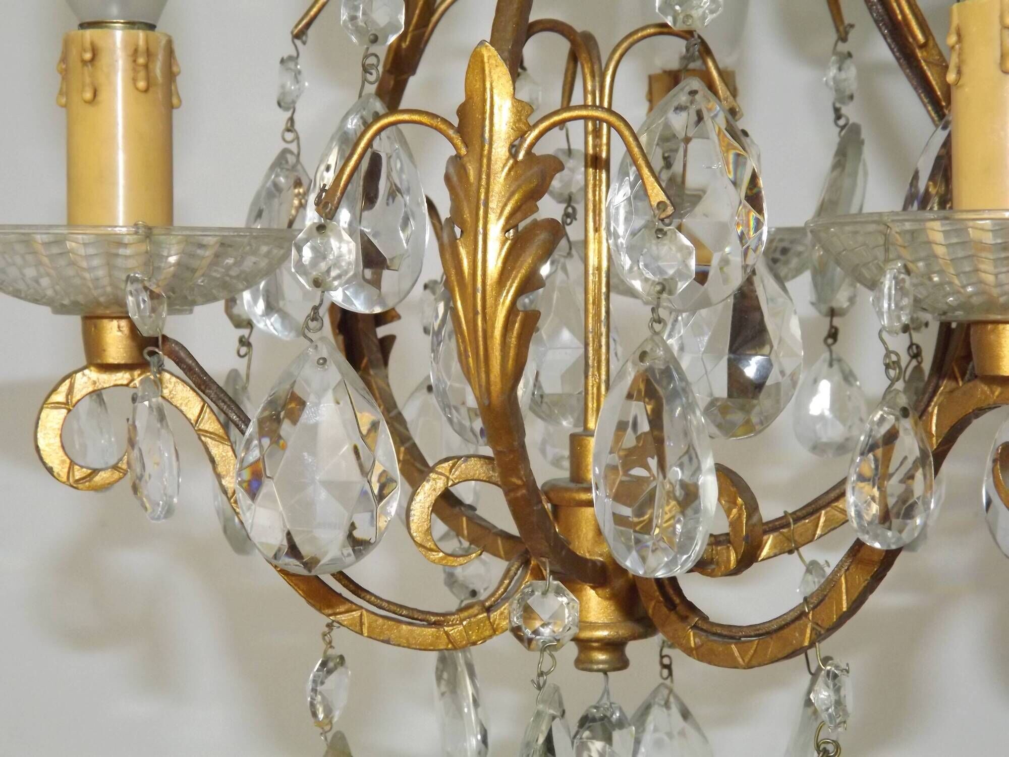 French Vintage Goldtone Metal & Crystal 3 Light Cage Chandelier 5502