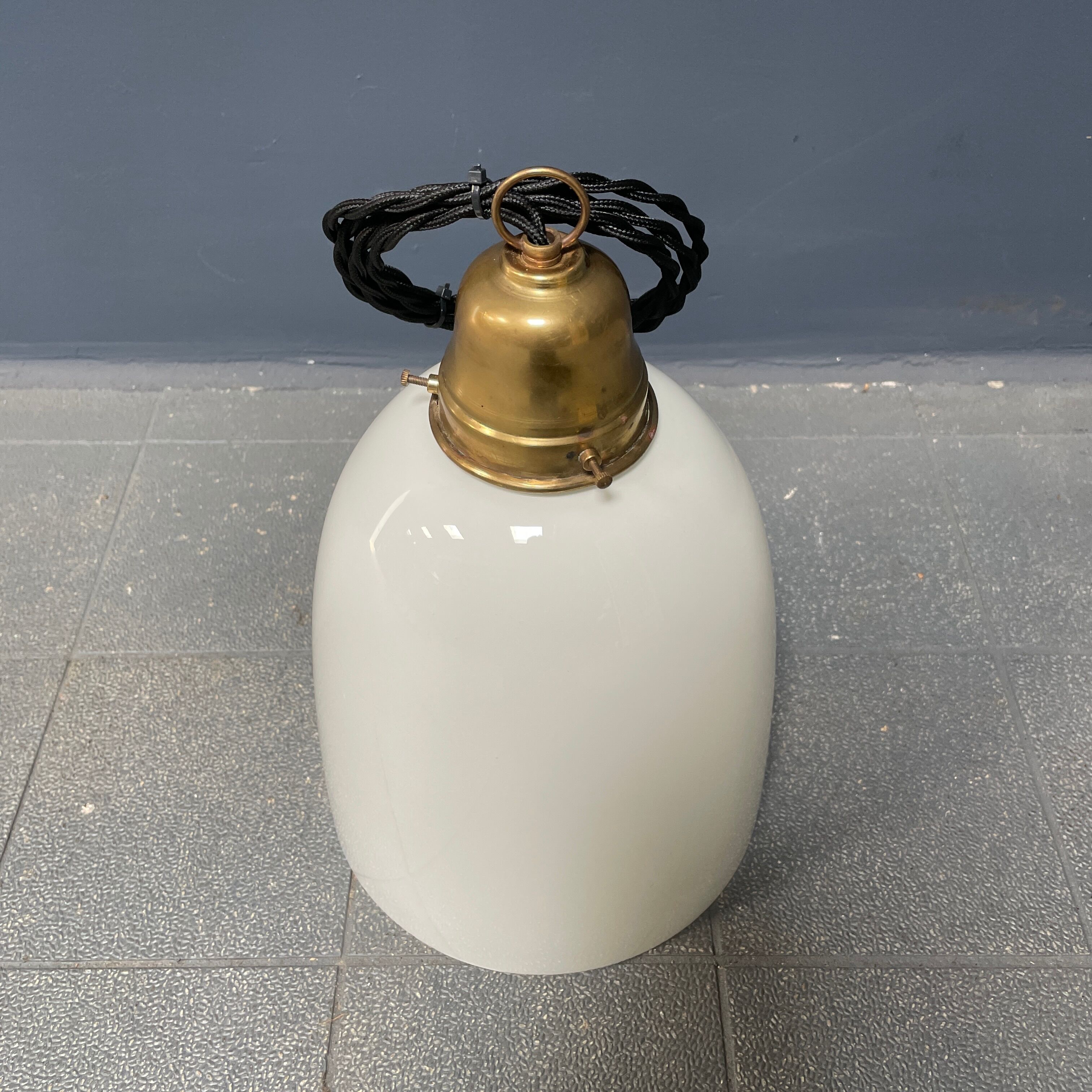 High opaline glass pendant lamp with brass fixture