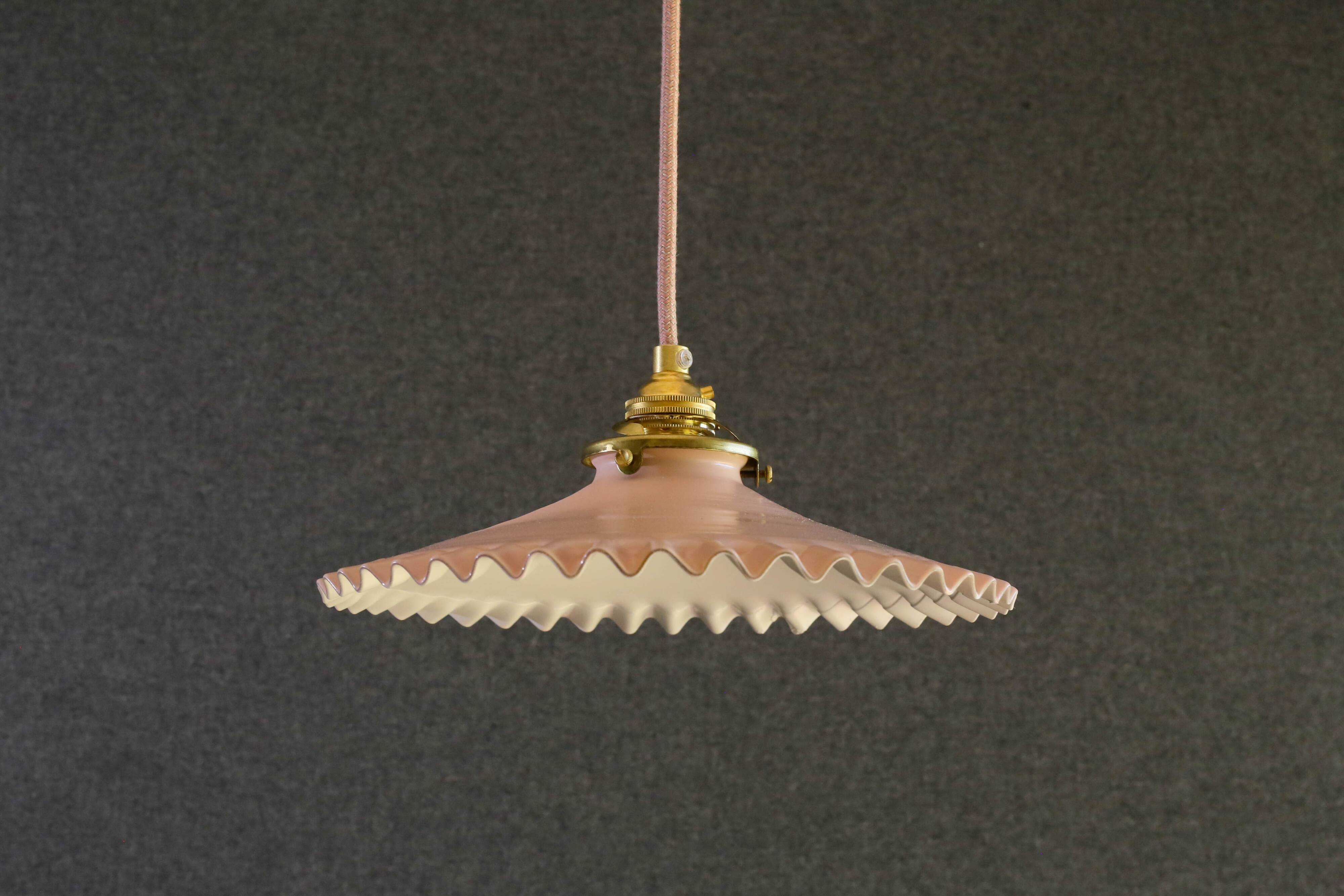 Opaline pendant light in pink and white painted glass, delivered with new cable and socket