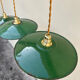 Trio of vintage pendant lights in green and white enameled sheet metal, industrial farmhouse decor