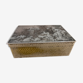 Struck metal jewelry box decorated with women, children and sheep