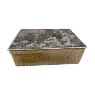 Struck metal jewelry box decorated with women, children and sheep