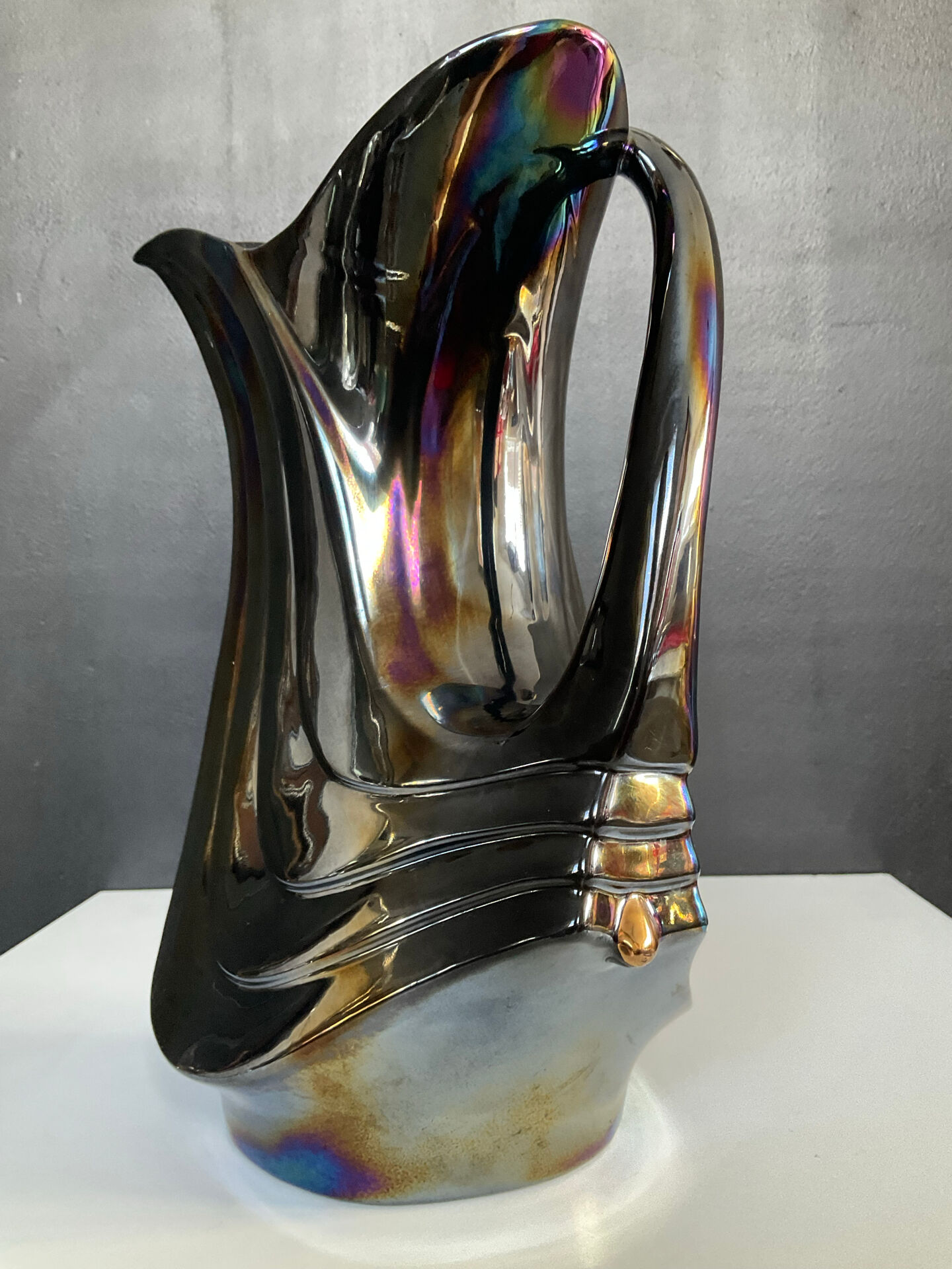 Iridescent ceramic pitcher from Bassano, Italy, from the 1970s.