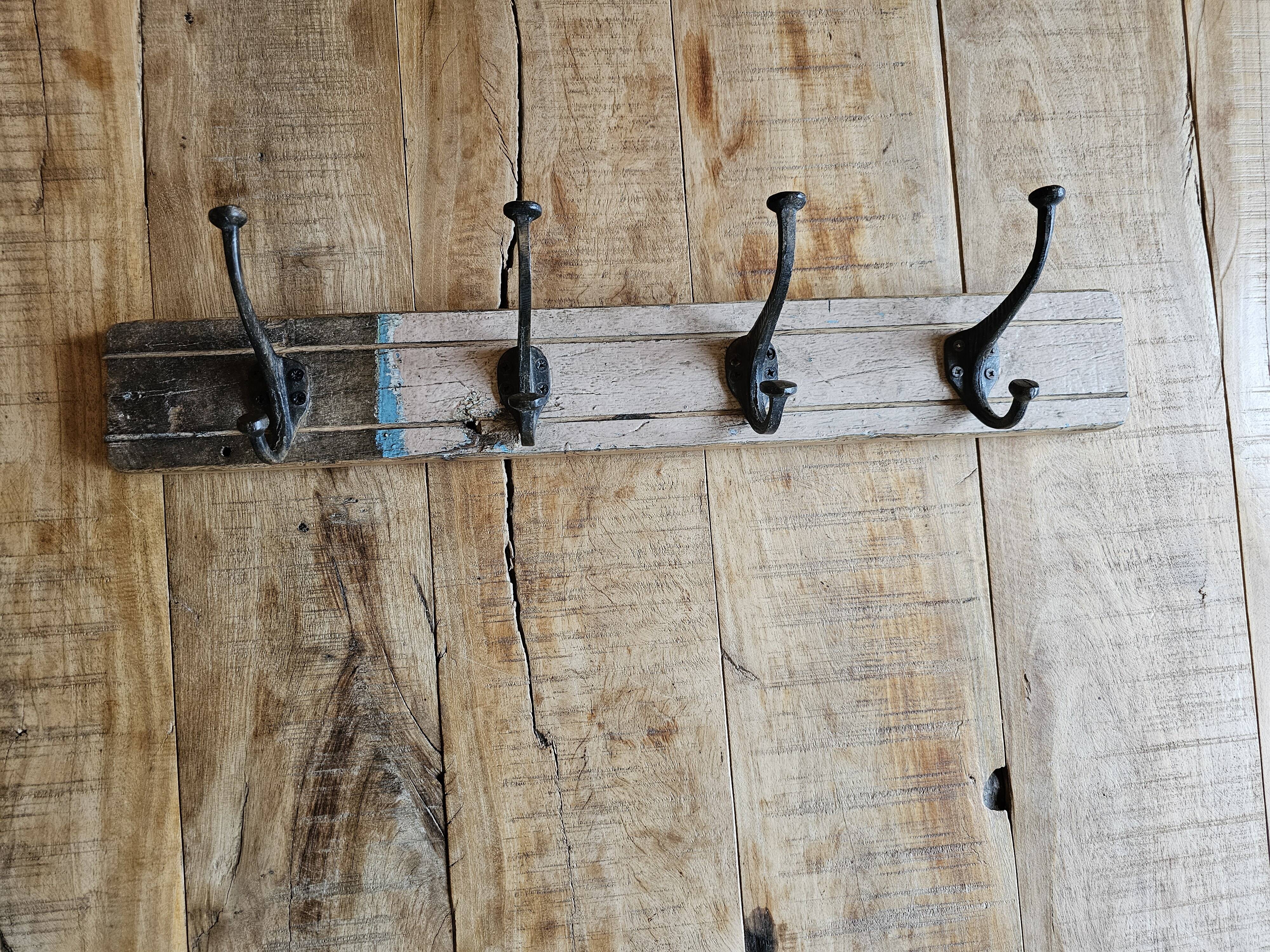 Solid teak coat hook with 4 double cast iron hooks