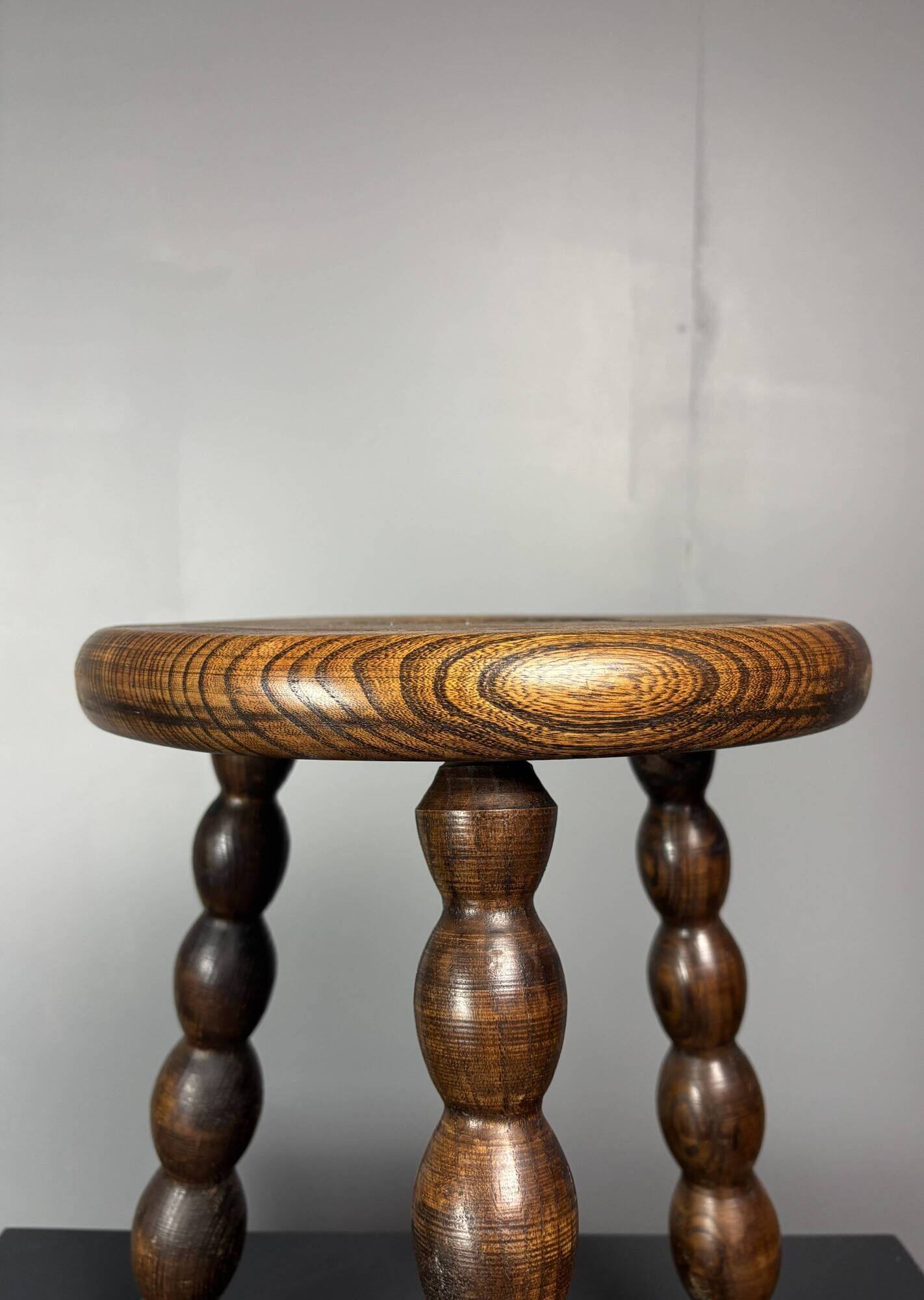 Midcentury bobbin wood turned stool, Charles Dudouyt style, France, 1950s