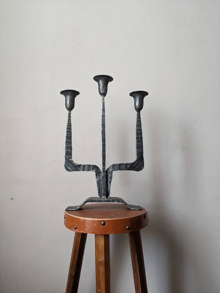 3-arm chandelier, ironwork, brutalist design, handmade