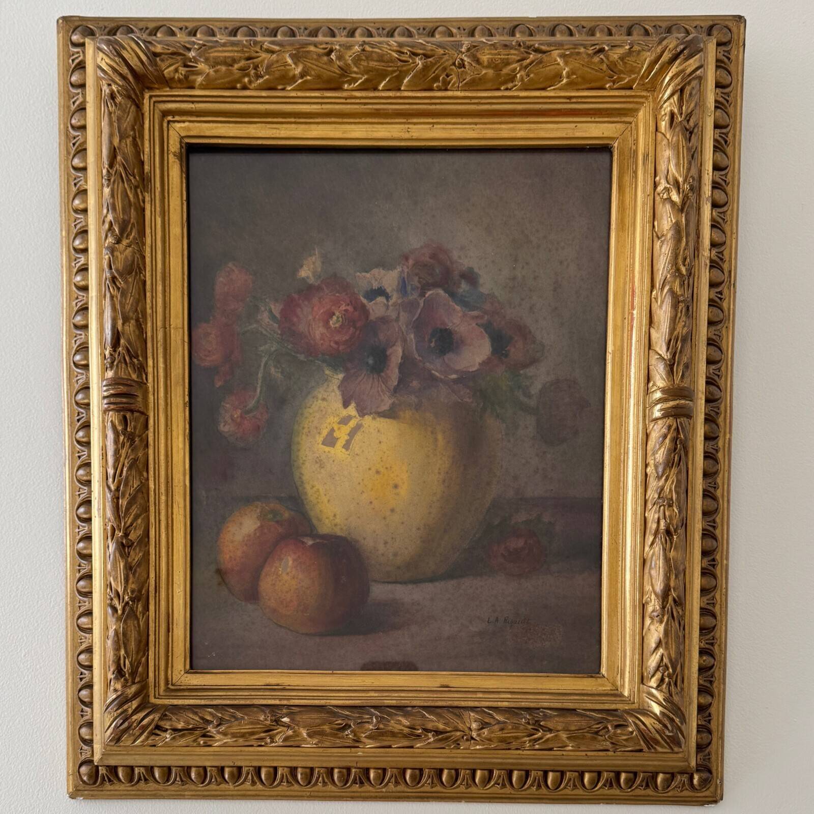 Watercolor still life bouquet of flowers 19th century by LA Rigault