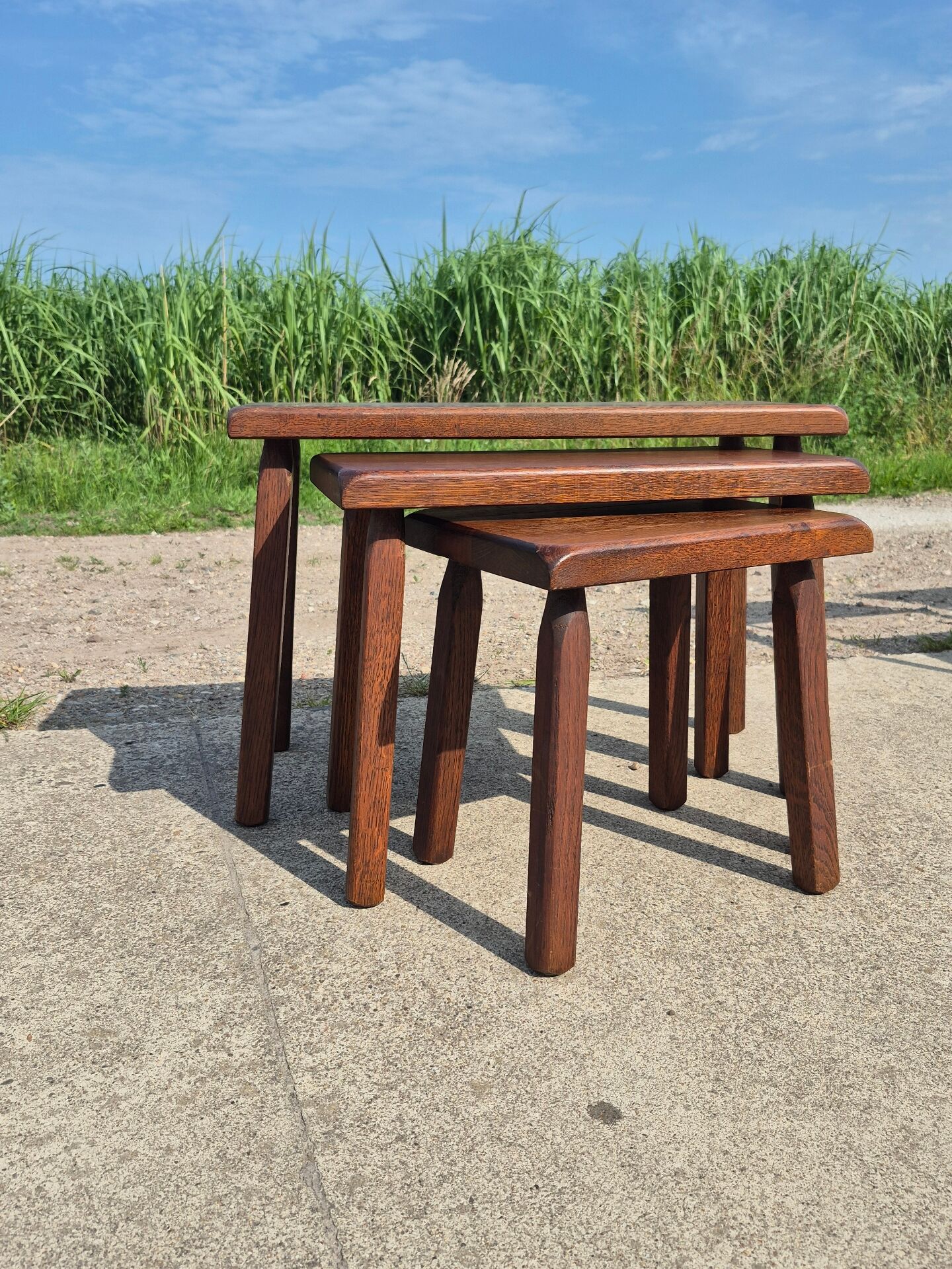 Vintage oak 3 nesting tables brutalist high legs