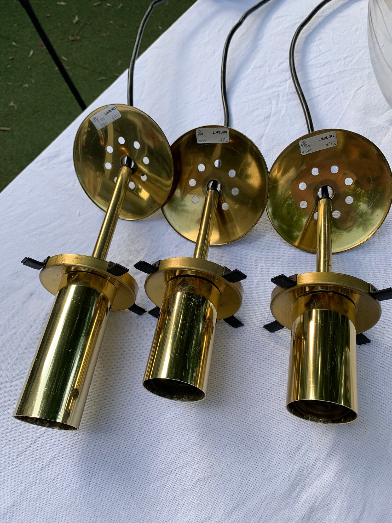 Set of three suspensions in glass and brass Limburg 70s