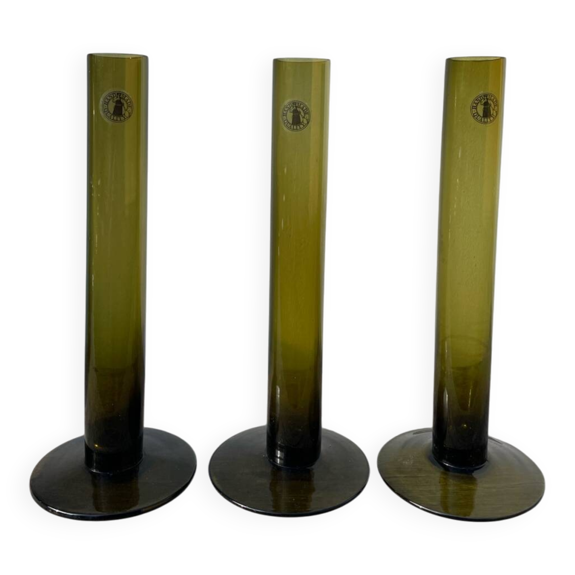 Trio de soliflore en verre vert olive / vases tubes