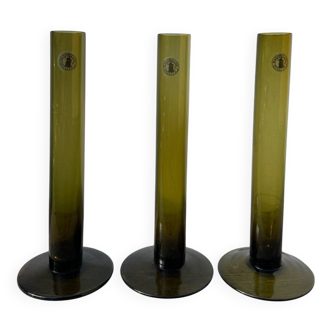 Trio de soliflore en verre vert olive / vases tubes