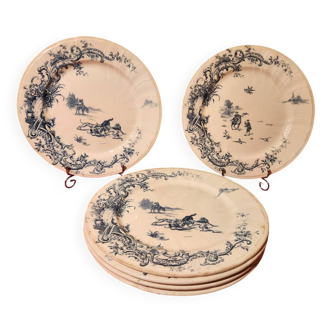 6 large Gien flat plates with hunting decor