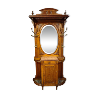 Coat rack - antique oak coat stand - mirror - marble