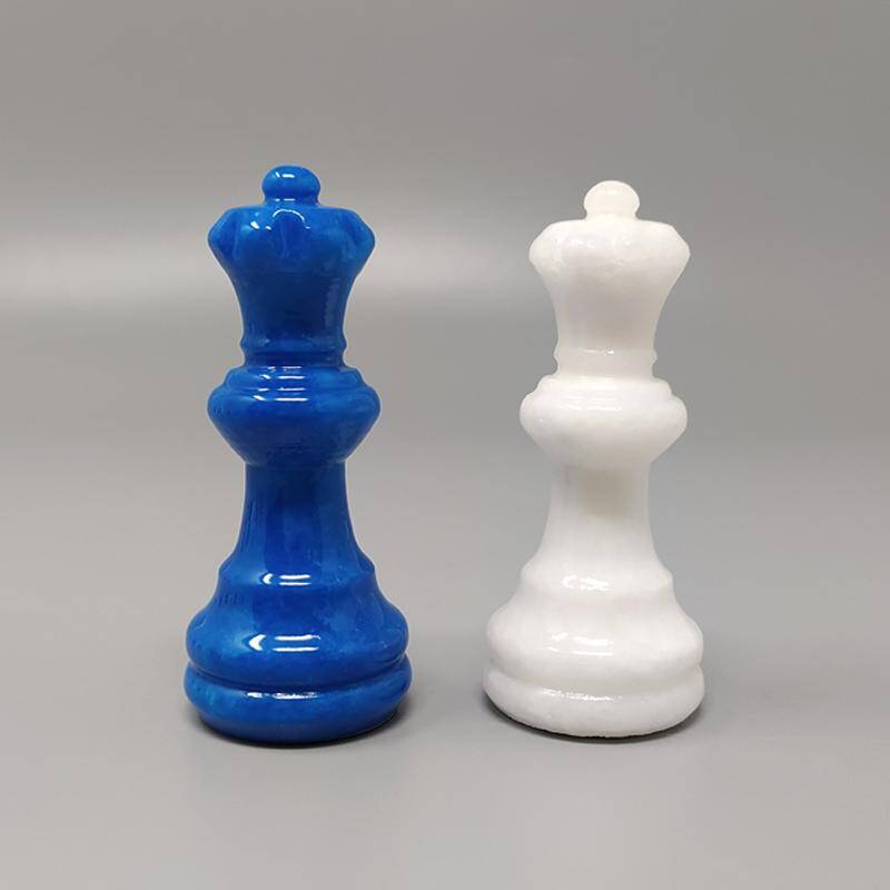 1970s Gorgeous Sky Blue and White Chess Set in Volterra Alabaster Handmade.