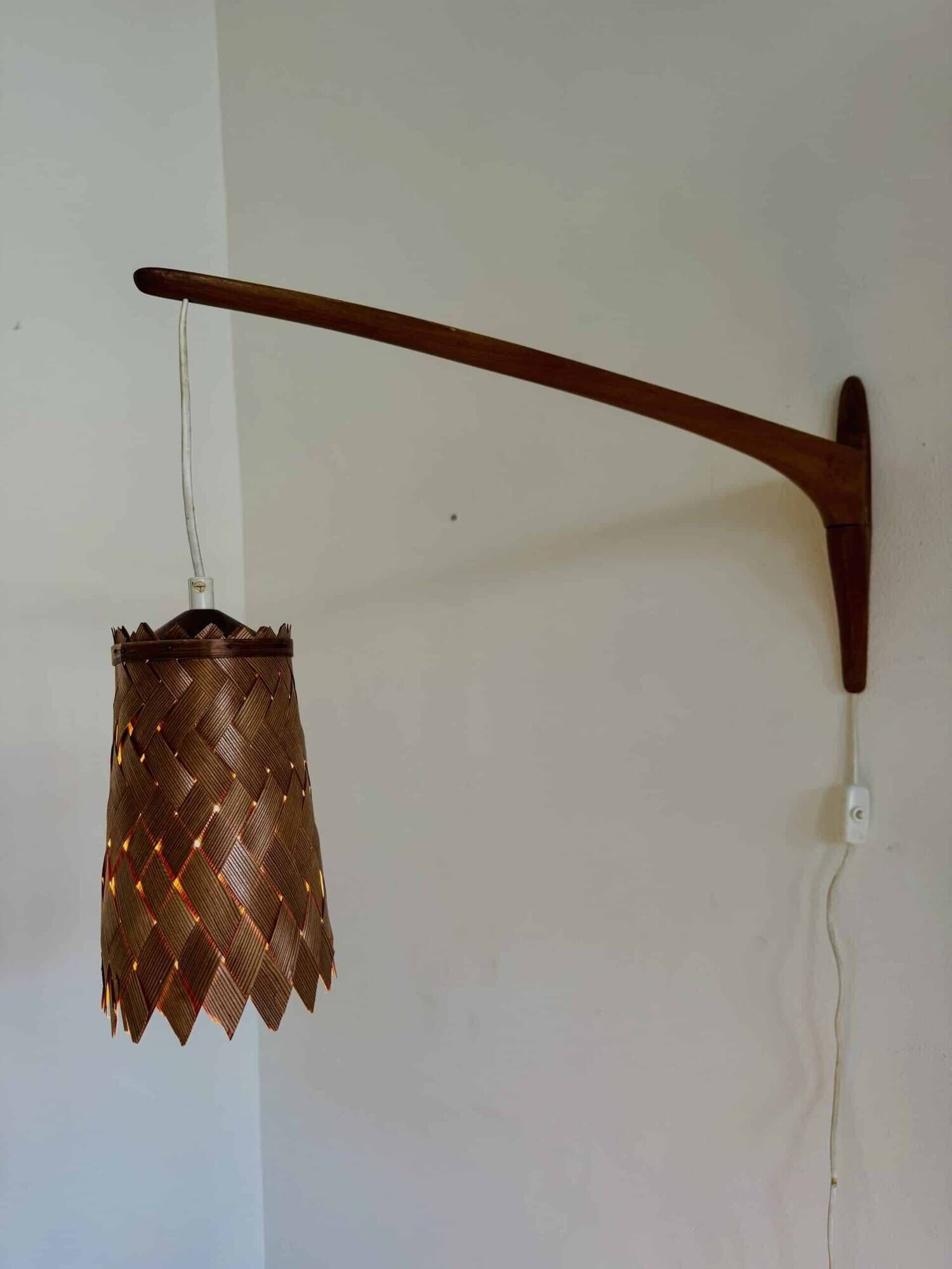 Swivel Arm Teak Wall Lamp With Pine Veneer Shade By Unknown Designer, Sweden 1960S