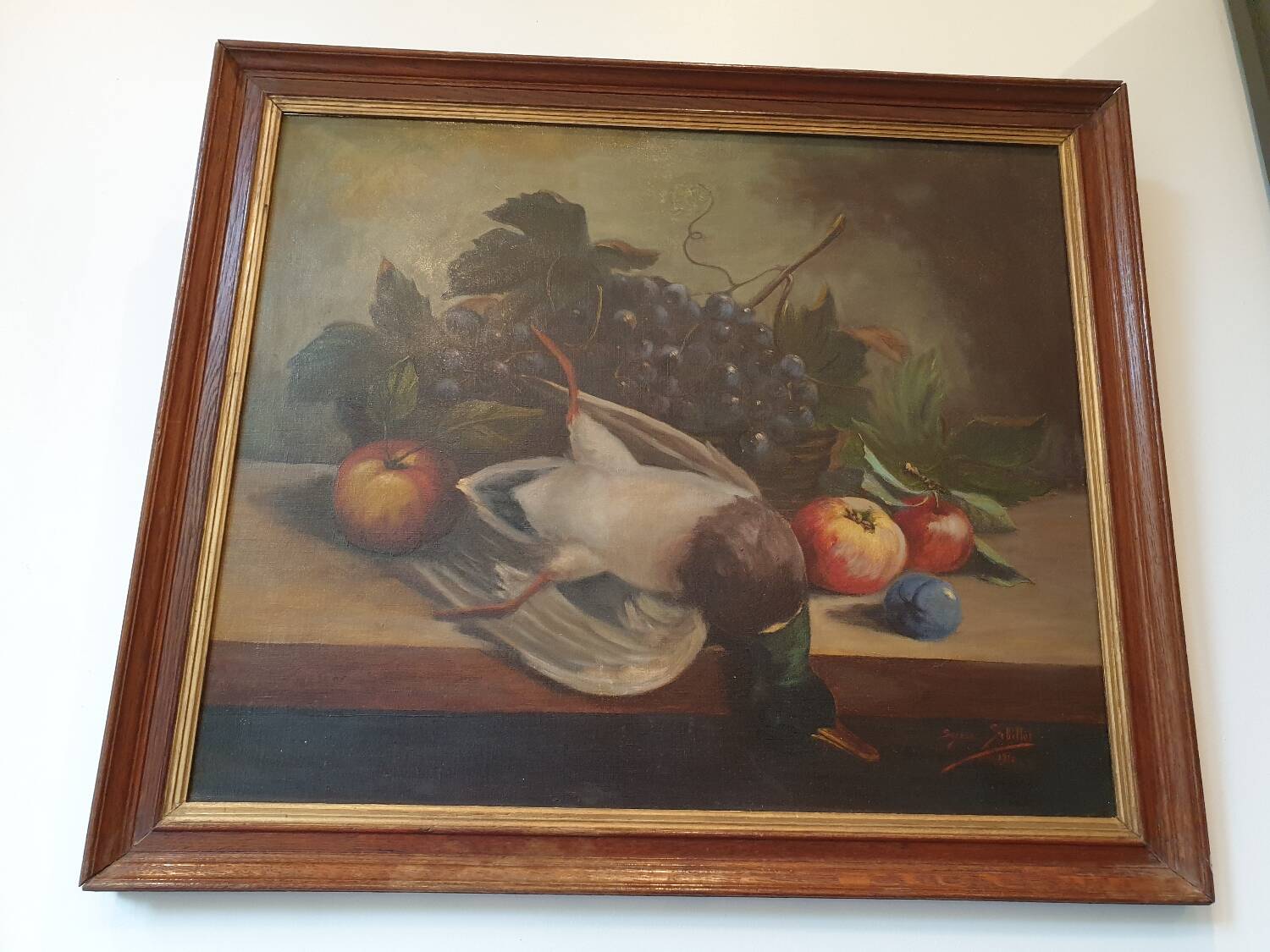 Still Life with Grapes and Game, signed, 1913