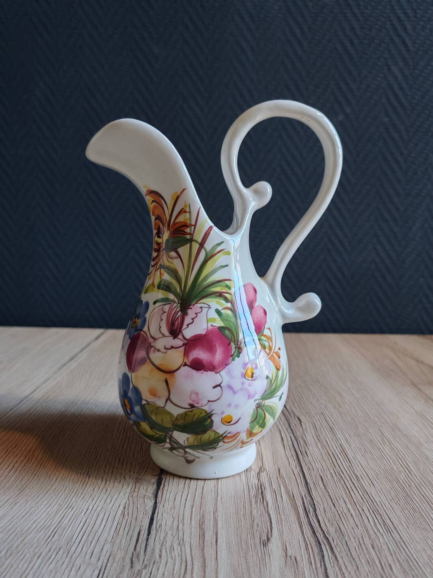 Vintage Ceramic Jug Hand-Painted Multicoloured Floral Decor, Ewer