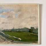 Peinture à l'huile sur toile "Route, champs et personnages" n°35