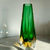Submerged vase Mandruzzato Murano green and amber, sculpted faceted glass