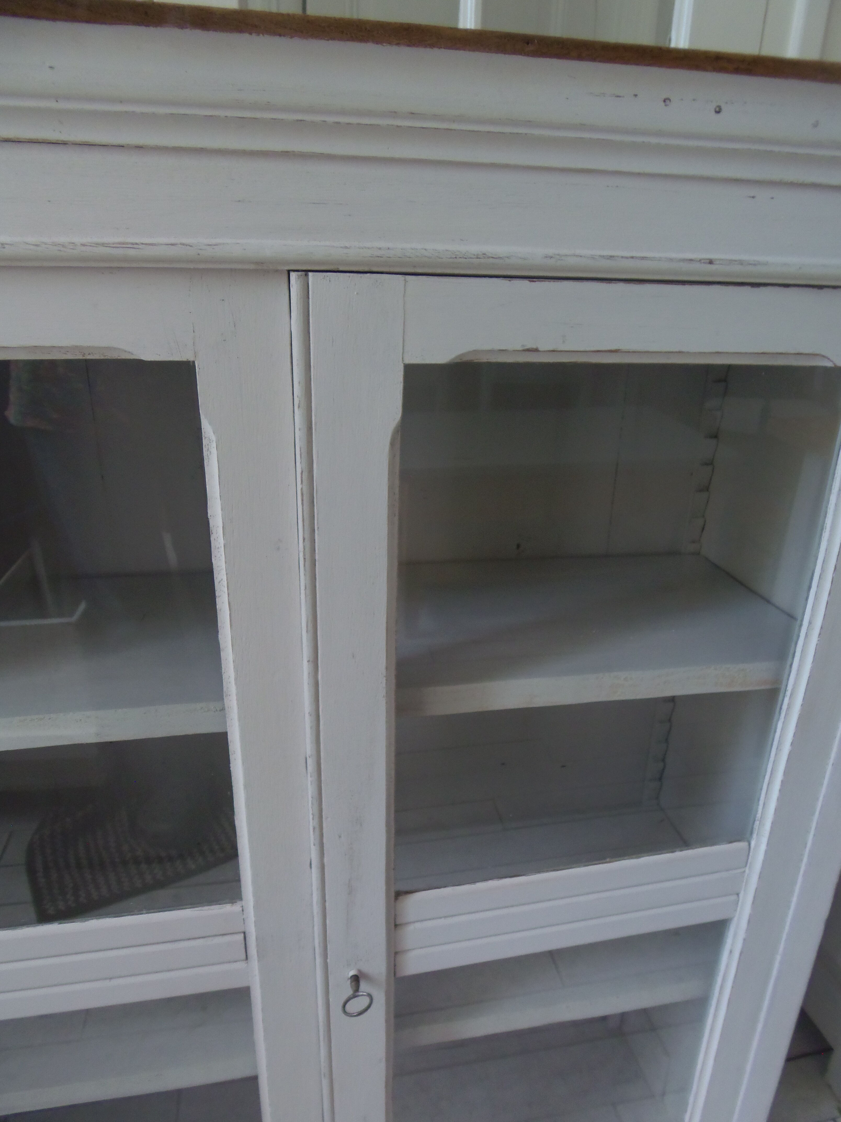 Showcase, bookcase, vintage pearl grey patinated cupboard, wooden top.