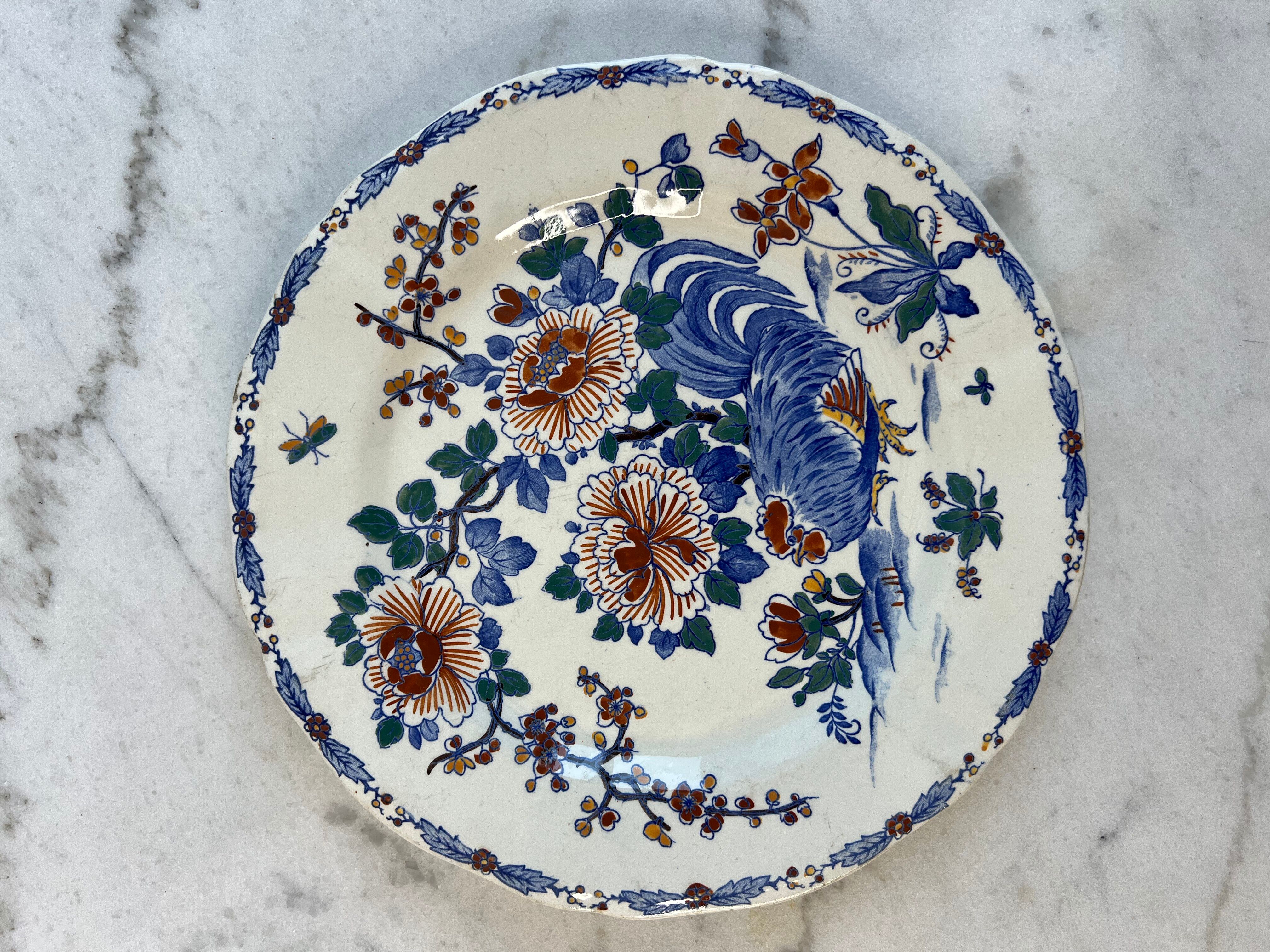 Antique plate in Gien earthenware — model “Rooster with Peonies”