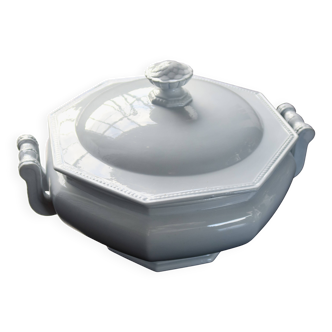 Soupière ancienne faïence Creil et Montereau motif Perle bleue