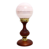 Table lamp in teak and pink glass