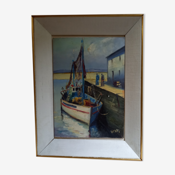 Old painting, oil on wood, representing a port with a fishing boat