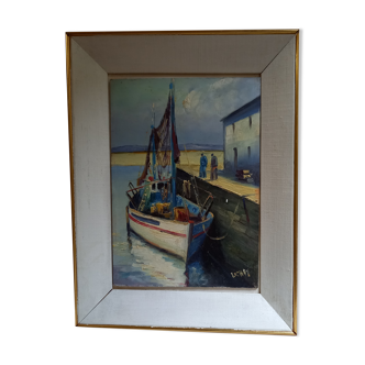 Old painting, oil on wood, representing a port with a fishing boat
