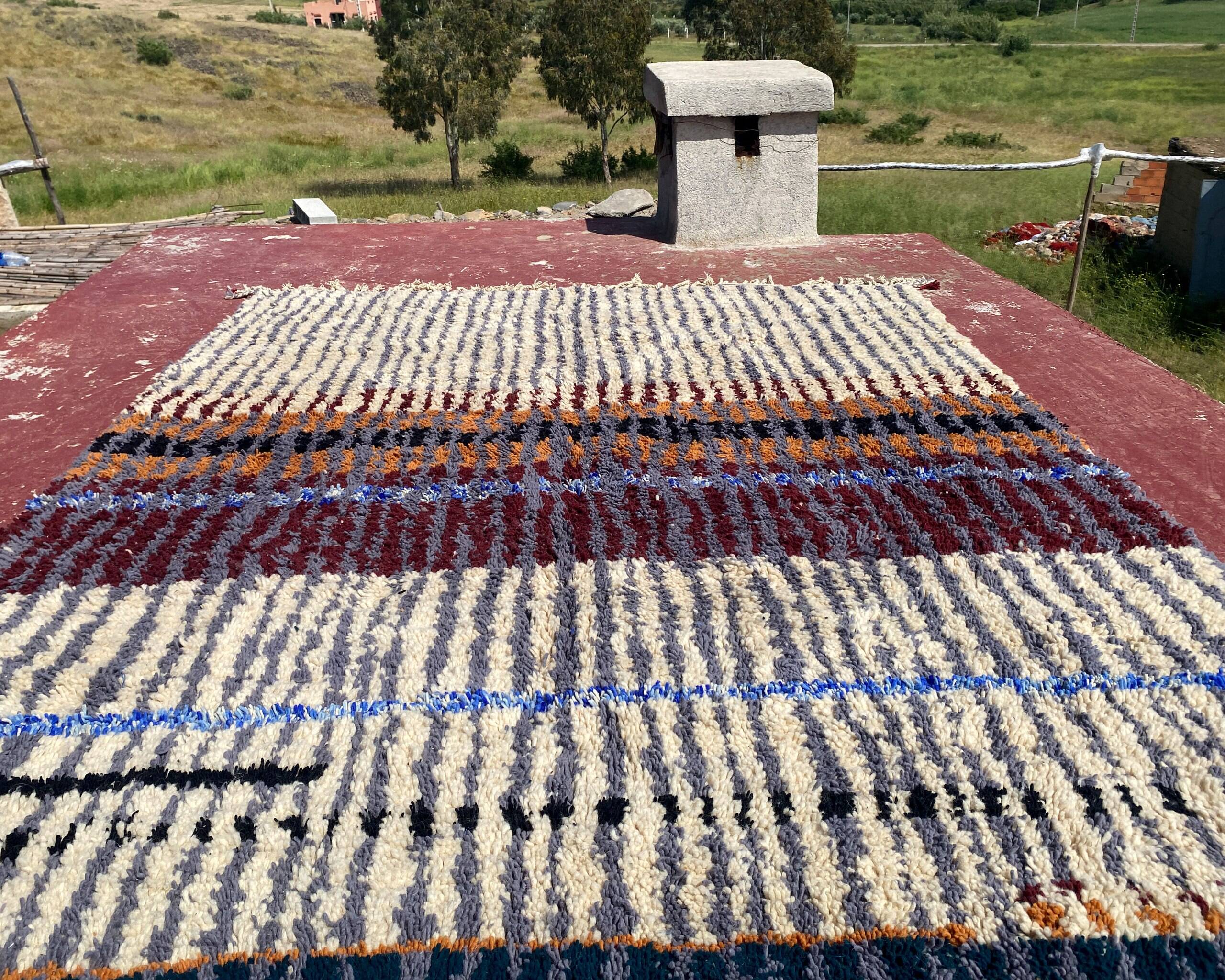 Vintage Moroccan Berber rug with multicoloured stripes – 332 x 244 cm