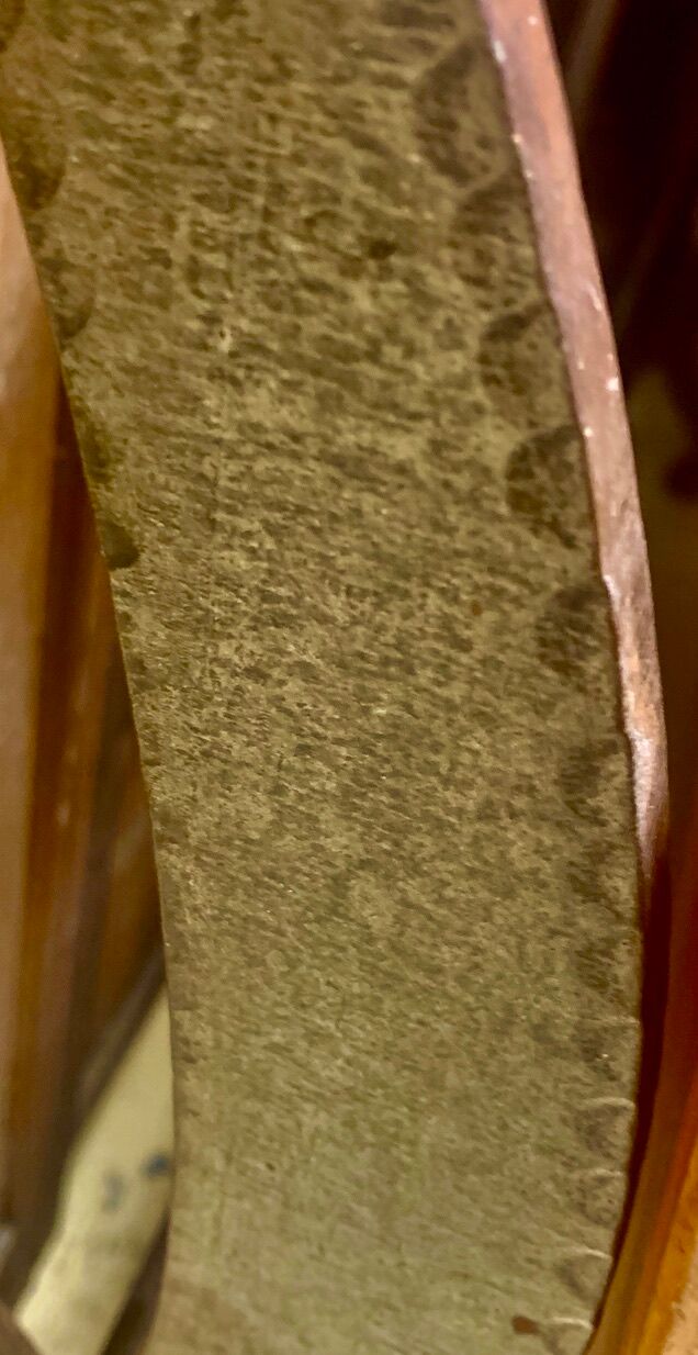 Rectangular wooden table, legs and spacer in hammered ironwork, 60s