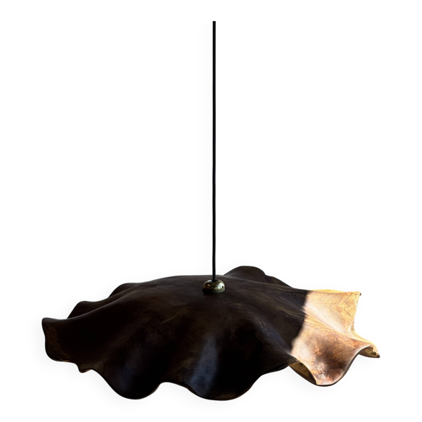 Très grande suspension feuille plate ondulée en teck fleur lisse D:60