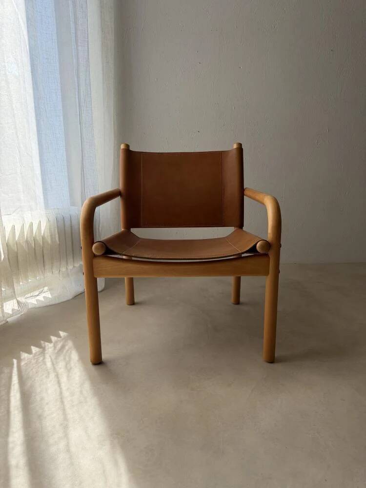 Danish safari armchair beech wood leather 1970s