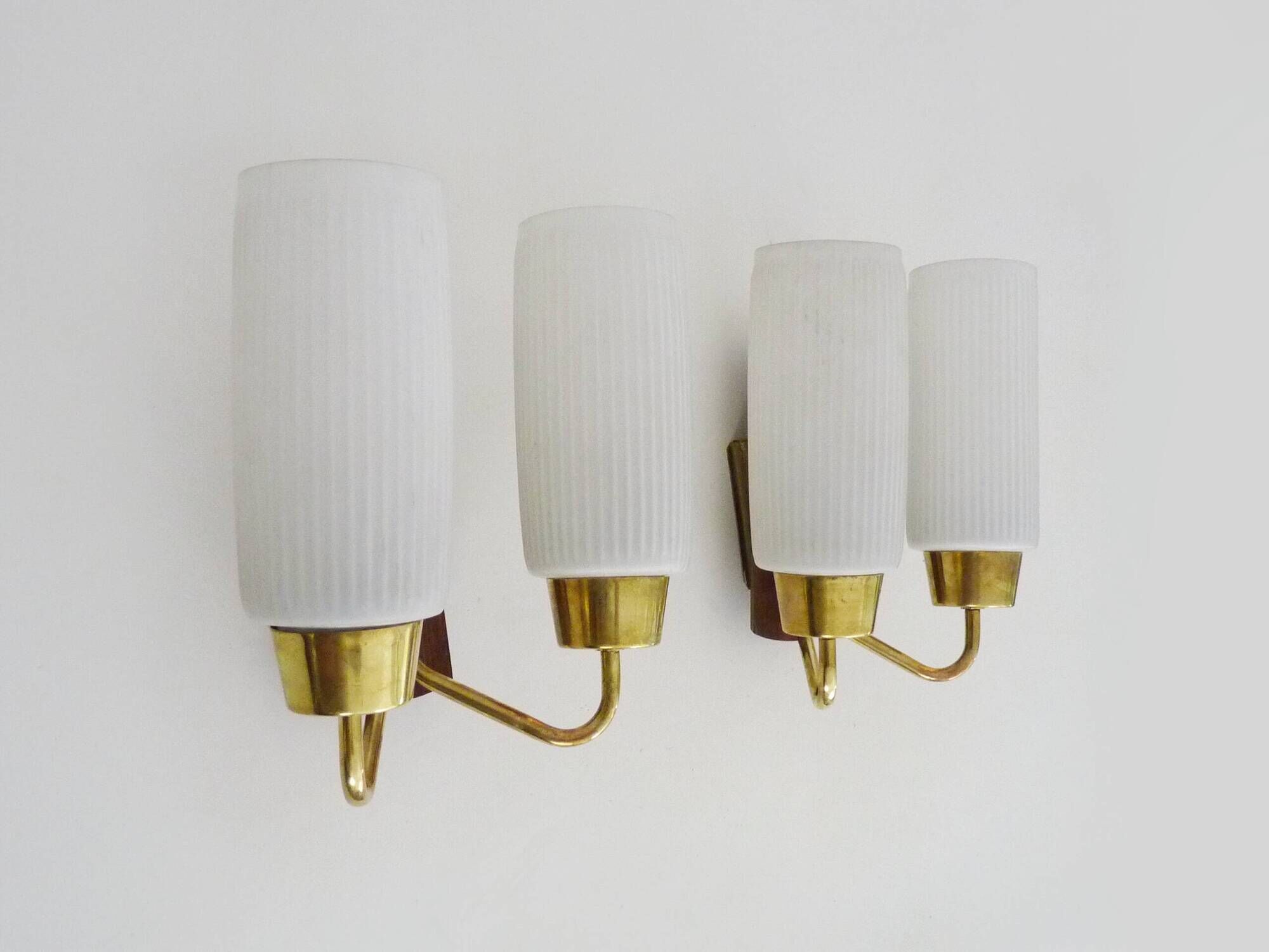 Pair of Scandinavian wall sconces in teak, brass and opaline glass globe