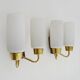 Pair of Scandinavian wall sconces in teak, brass and opaline glass globe