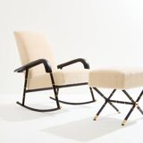 Jacques Adnet Rocking chair and ottoman in leather and mohair velvet 1950