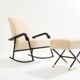 Jacques Adnet Fauteuil à bascule et ottoman cuir et velours de mohair 1950