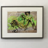 Dessin sur papier encadré personnage vert et brun