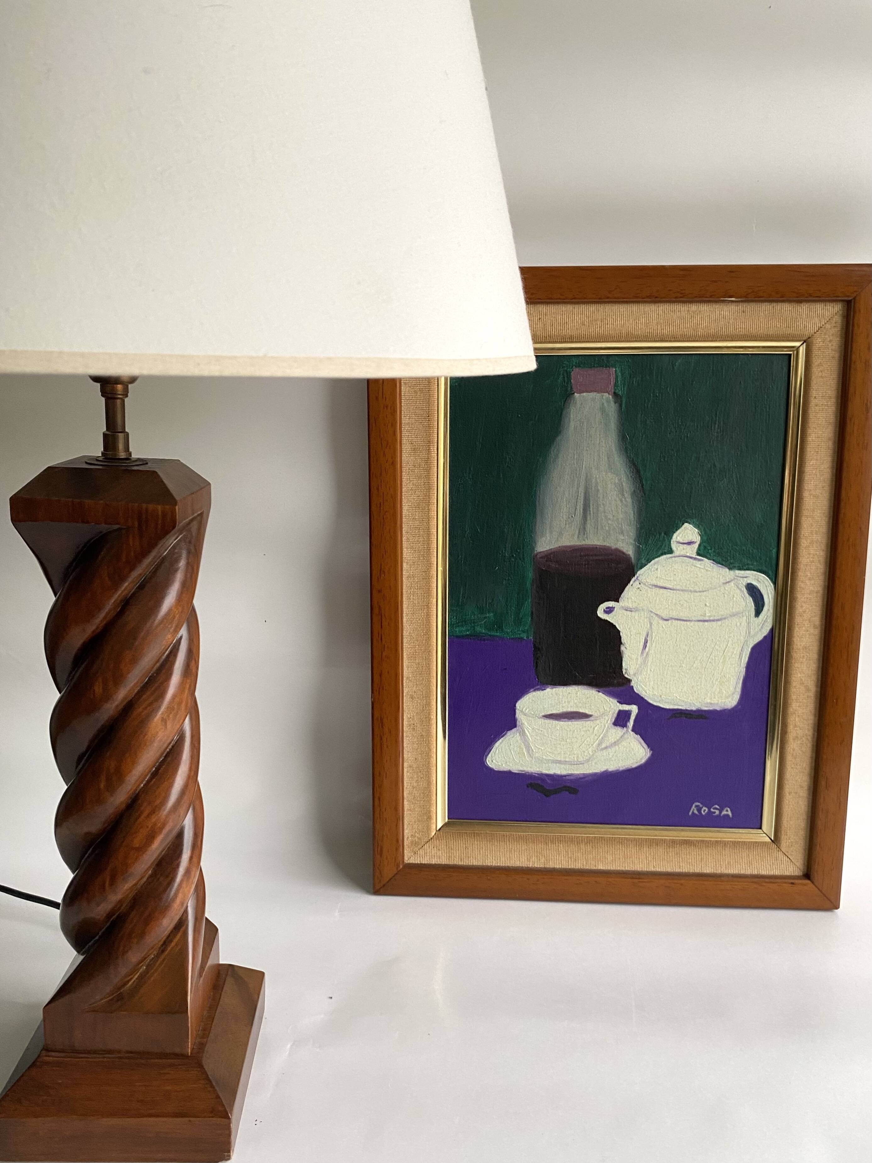 Turned wooden lamp, 2M fabric cable, cotton shade.