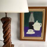 Turned wooden lamp, 2M fabric cable, cotton shade.