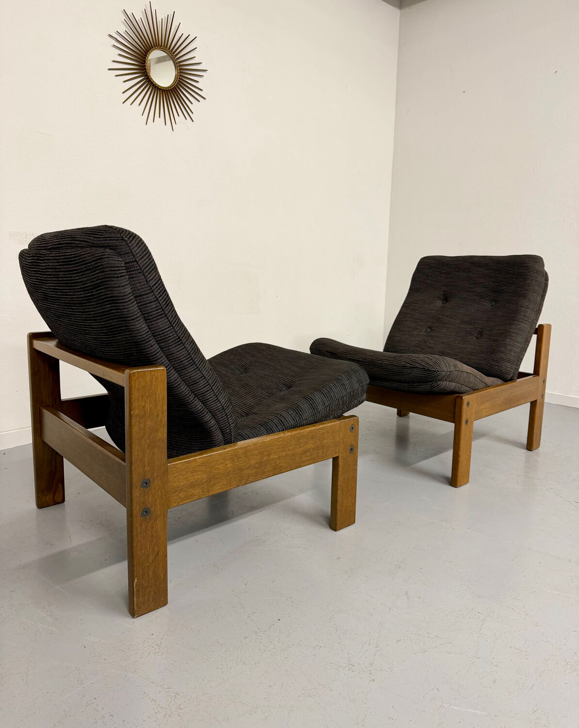 Lot of 2 adjustable wooden fabric chairs, Scandinavian design, vintage 1970s.