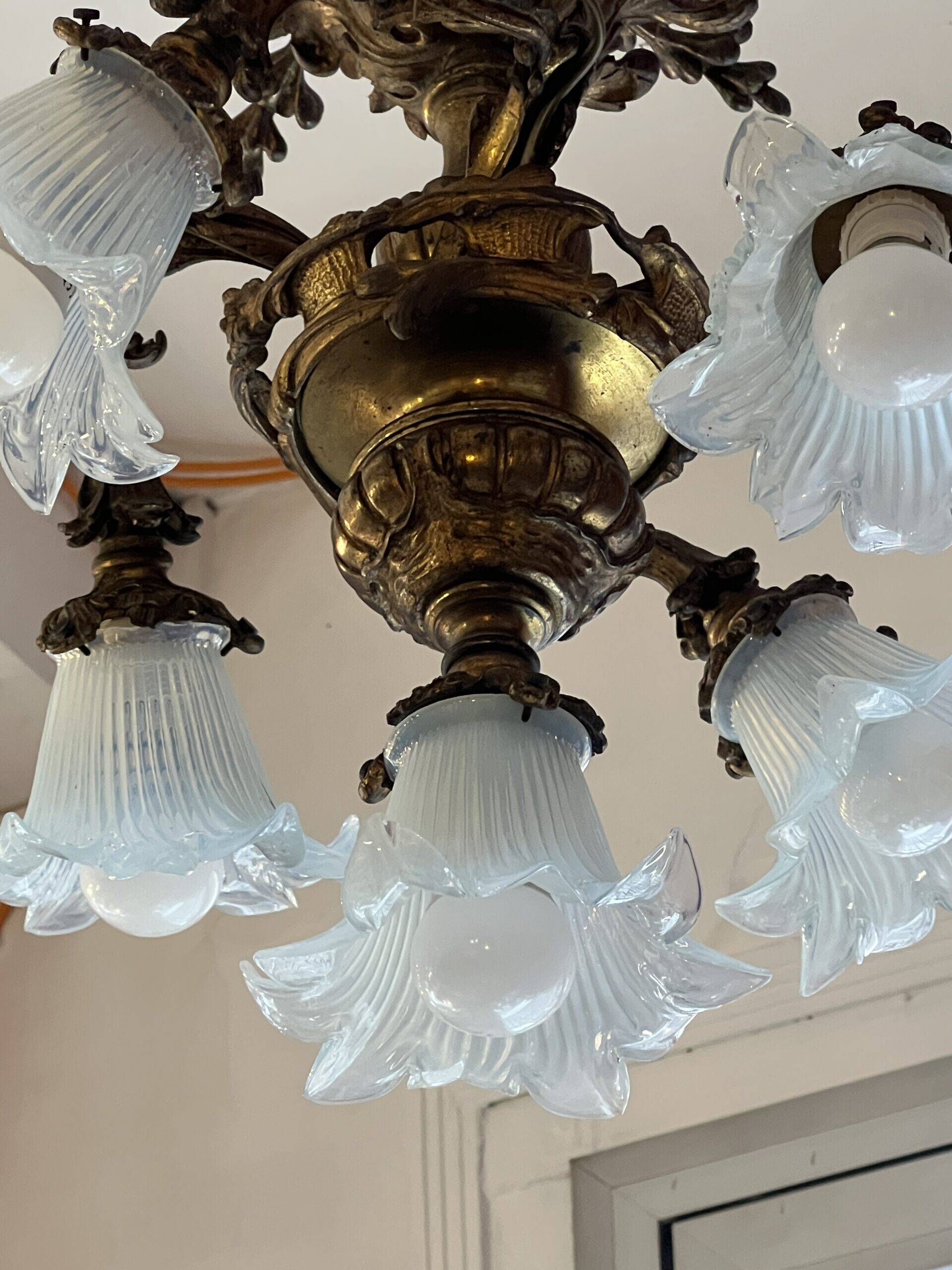 Solid bronze chandelier with moving arms, 19th century, opalescent tulips