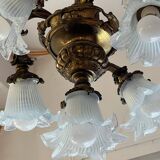 Solid bronze chandelier with moving arms, 19th century, opalescent tulips