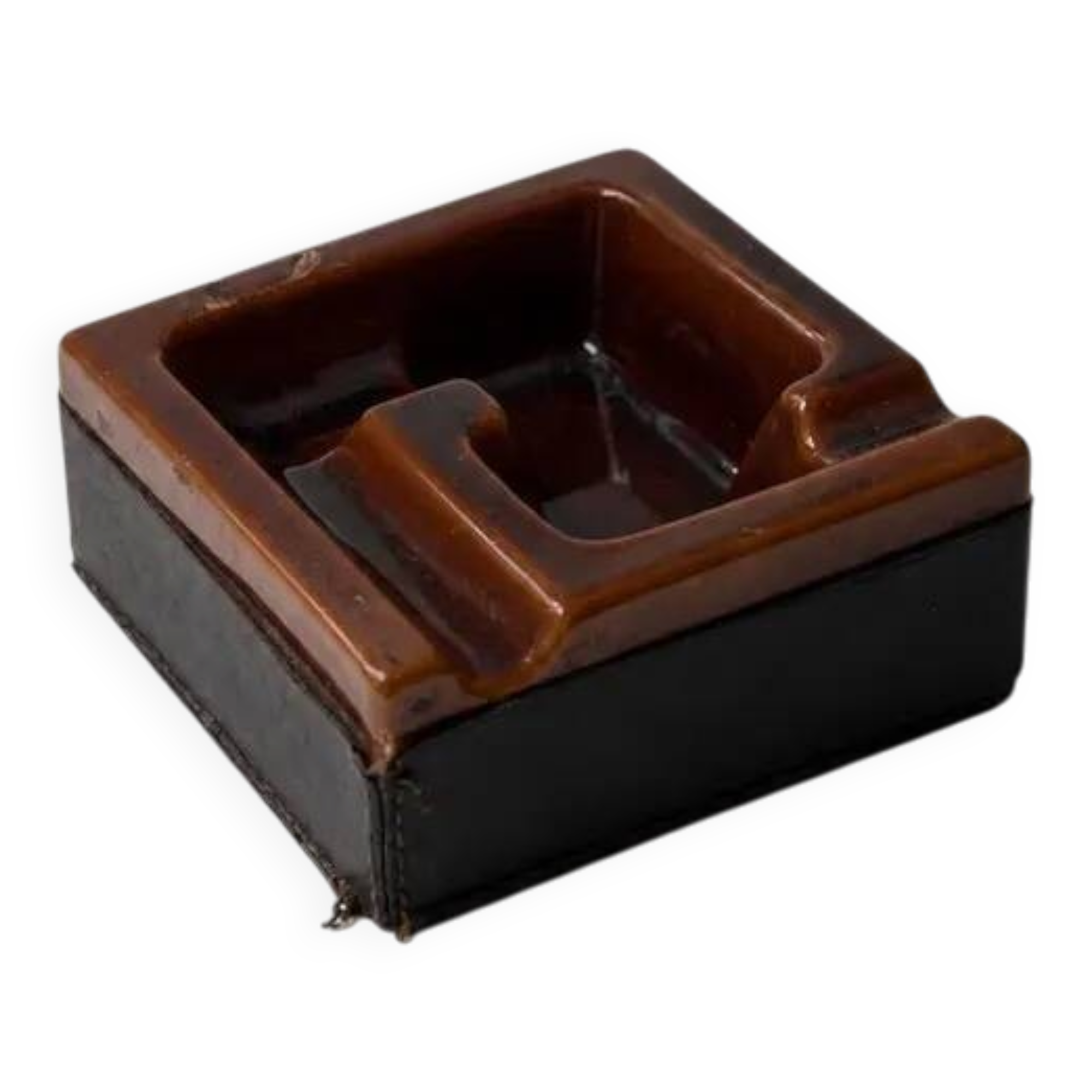 Geometric brown enamelled ashtray with a leather base (1960s-70s)