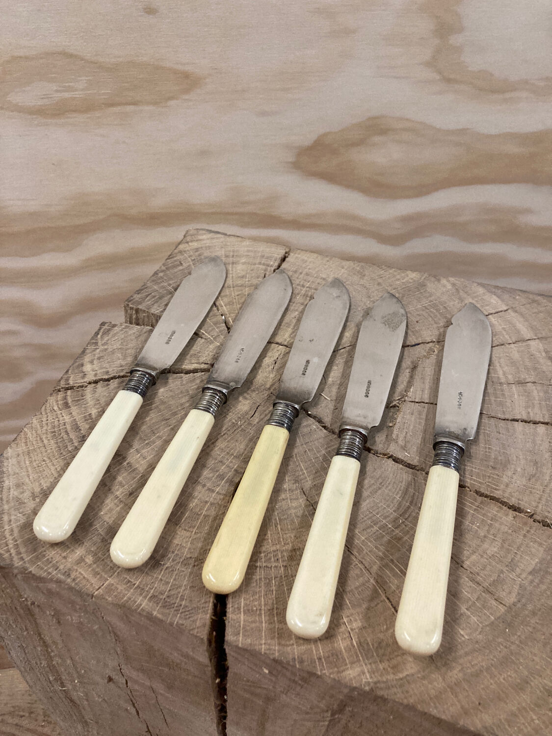 5 English fish knives in silver metal and Bakelite