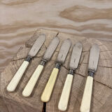 5 English fish knives in silver metal and Bakelite