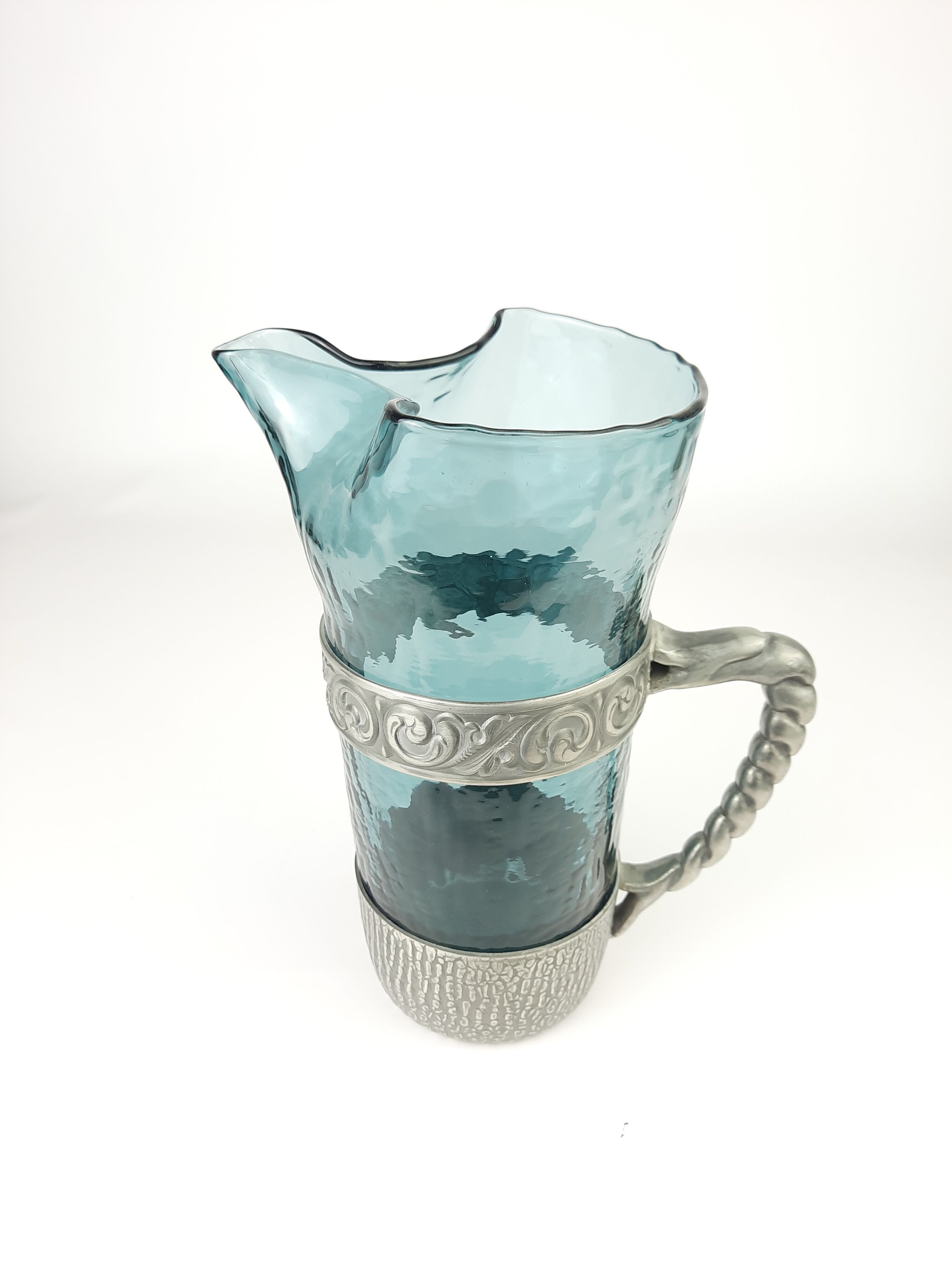 Hadeland Glass pitcher by Willy Johansson, pewter holder, vintage
