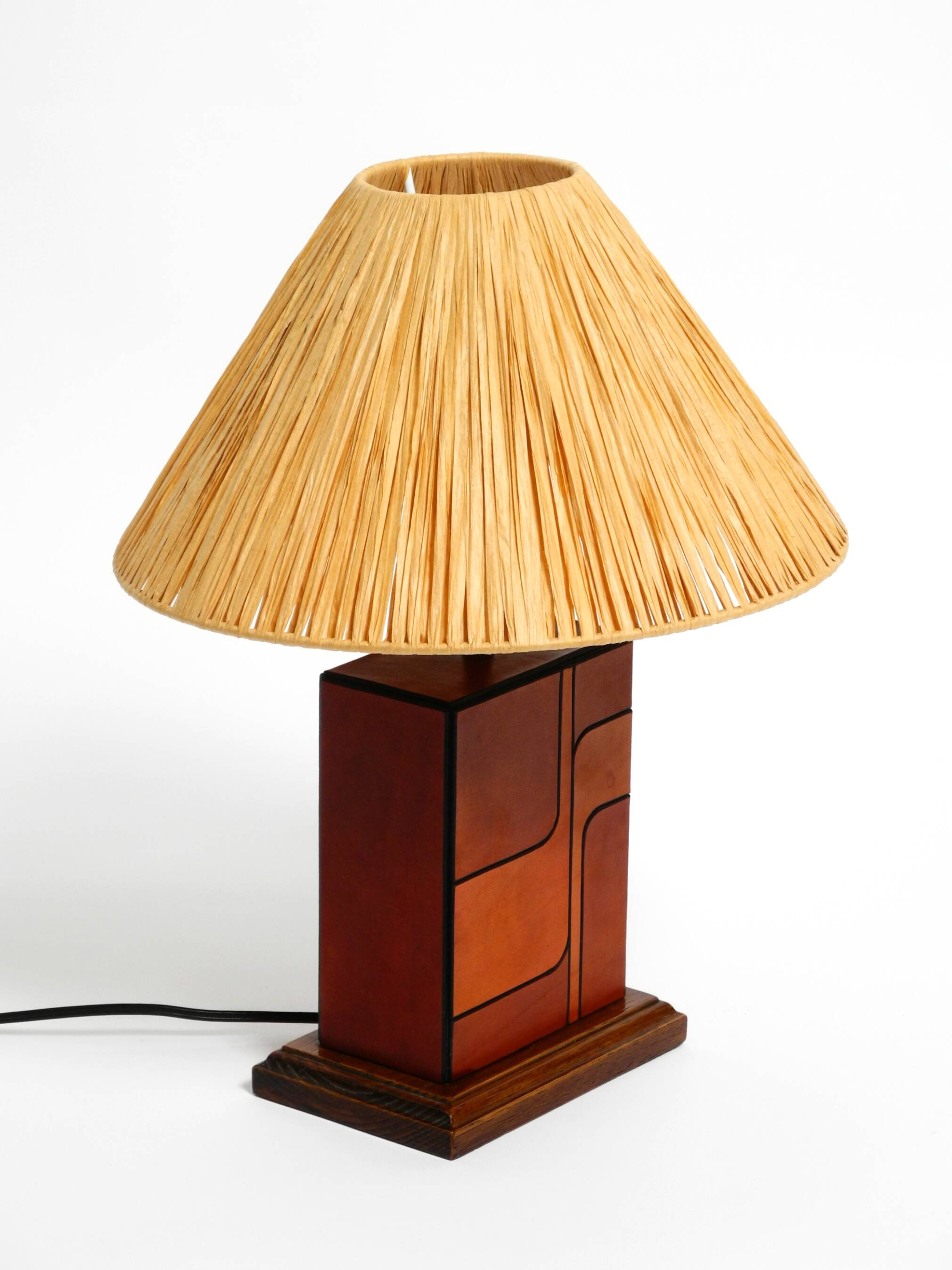 Italian 60s table lamp made of wood and leather with paper straw lampshade