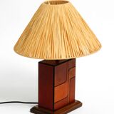 Italian 60s table lamp made of wood and leather with paper straw lampshade