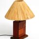 Italian 60s table lamp made of wood and leather with paper straw lampshade